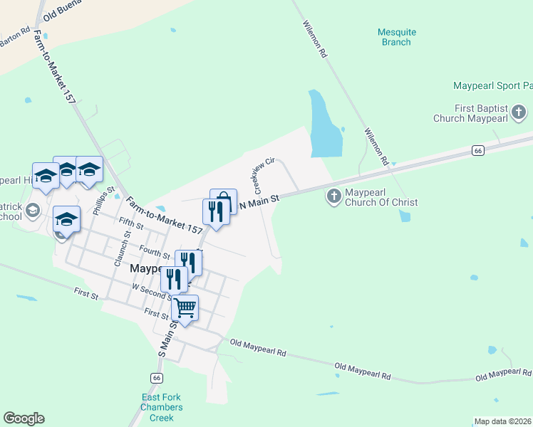 map of restaurants, bars, coffee shops, grocery stores, and more near 103 Chambers Creek Circle in Maypearl