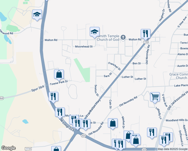 map of restaurants, bars, coffee shops, grocery stores, and more near 2821 Sara Street in Tyler
