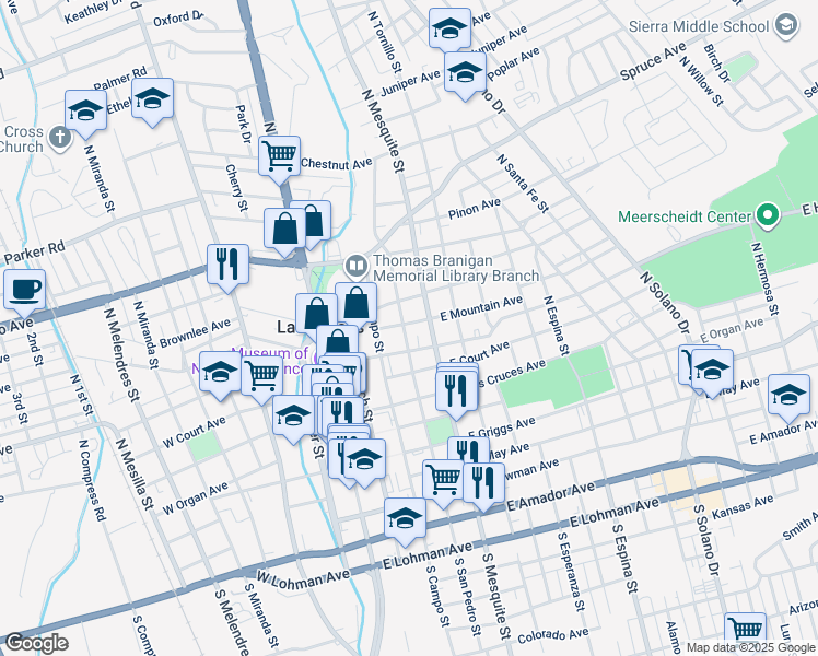 map of restaurants, bars, coffee shops, grocery stores, and more near 614 North San Pedro Street in Las Cruces