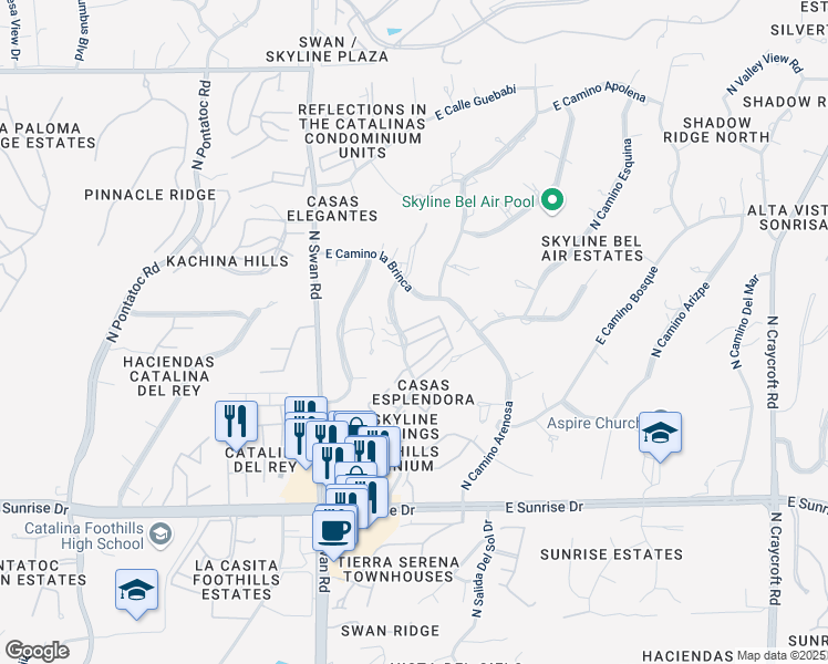 map of restaurants, bars, coffee shops, grocery stores, and more near 5920 North Camino Esplendora in Tucson