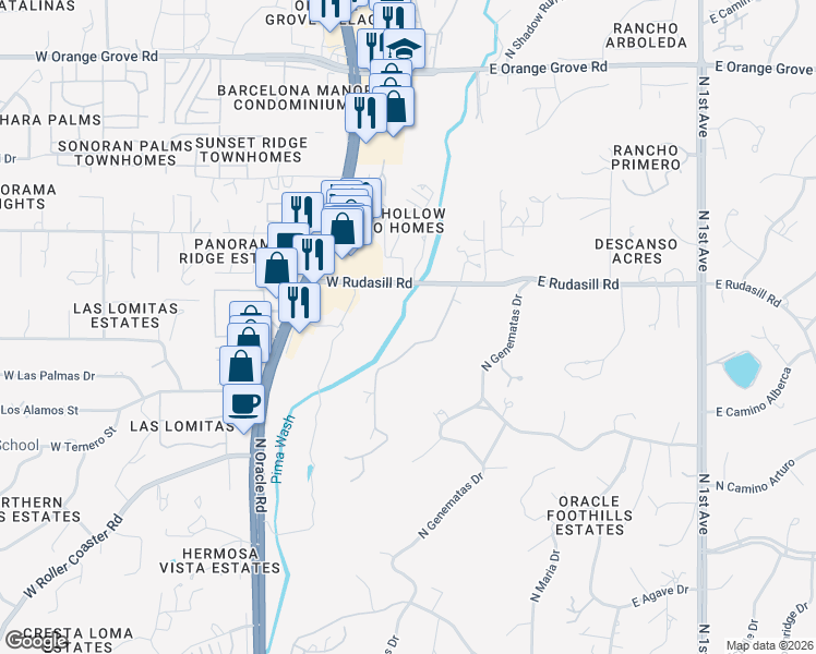 map of restaurants, bars, coffee shops, grocery stores, and more near 5901 North Williams Drive in Tucson