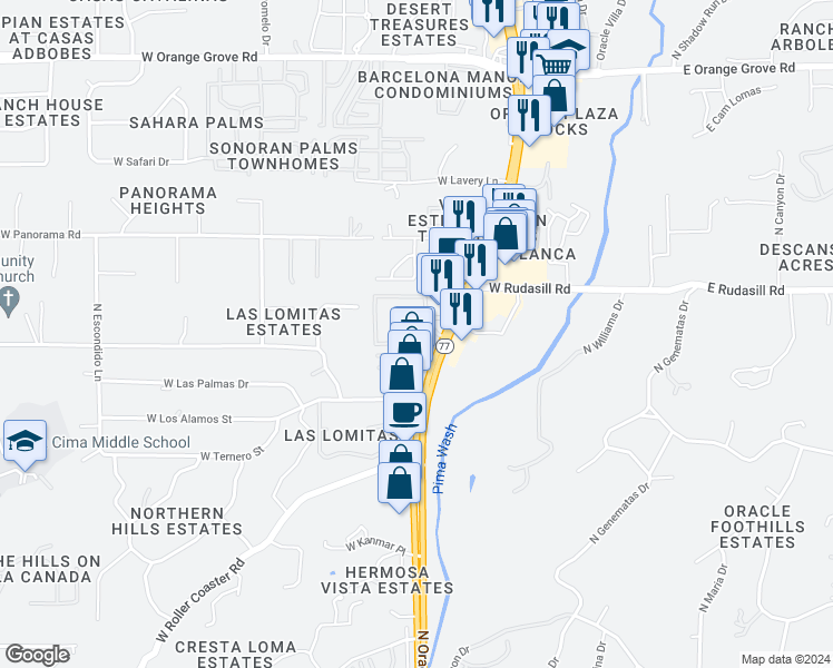 map of restaurants, bars, coffee shops, grocery stores, and more near 5901 North Oracle Road in Tucson