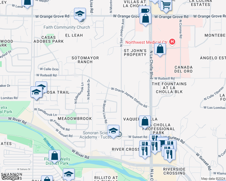 map of restaurants, bars, coffee shops, grocery stores, and more near 5910 North Mona Lisa Road in Tucson