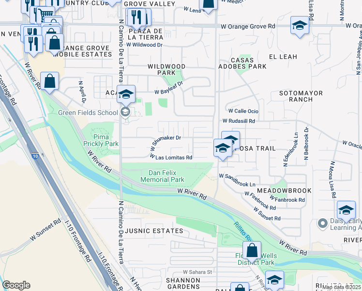 map of restaurants, bars, coffee shops, grocery stores, and more near 3009 West Shumaker Drive in Tucson