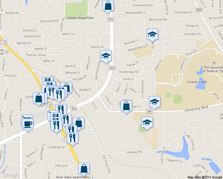 map of restaurants, bars, coffee shops, grocery stores, and more near 3136 Greg Lane in Tyler