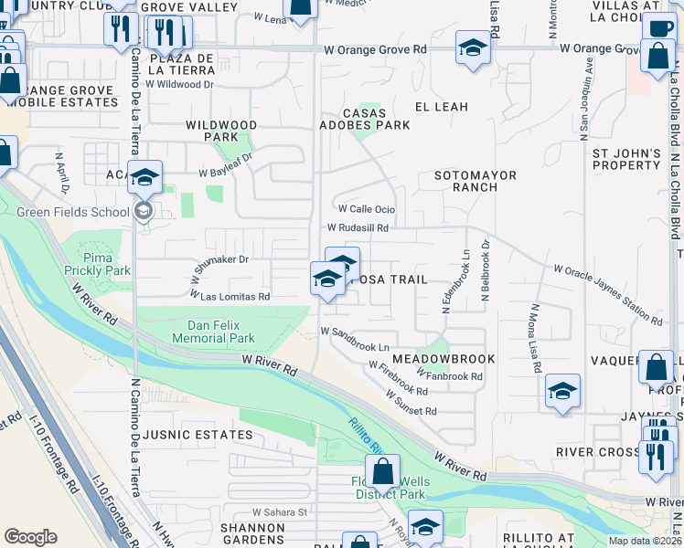map of restaurants, bars, coffee shops, grocery stores, and more near 2819 West Greenstreak Drive in Tucson