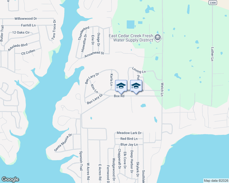 map of restaurants, bars, coffee shops, grocery stores, and more near 104 Karla Lane in Gun Barrel City