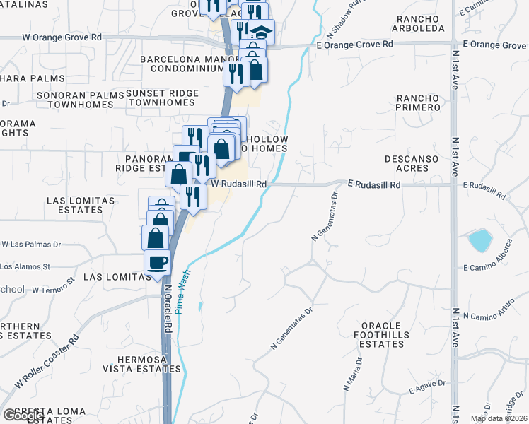 map of restaurants, bars, coffee shops, grocery stores, and more near 5901 N Williams Dr in Tucson