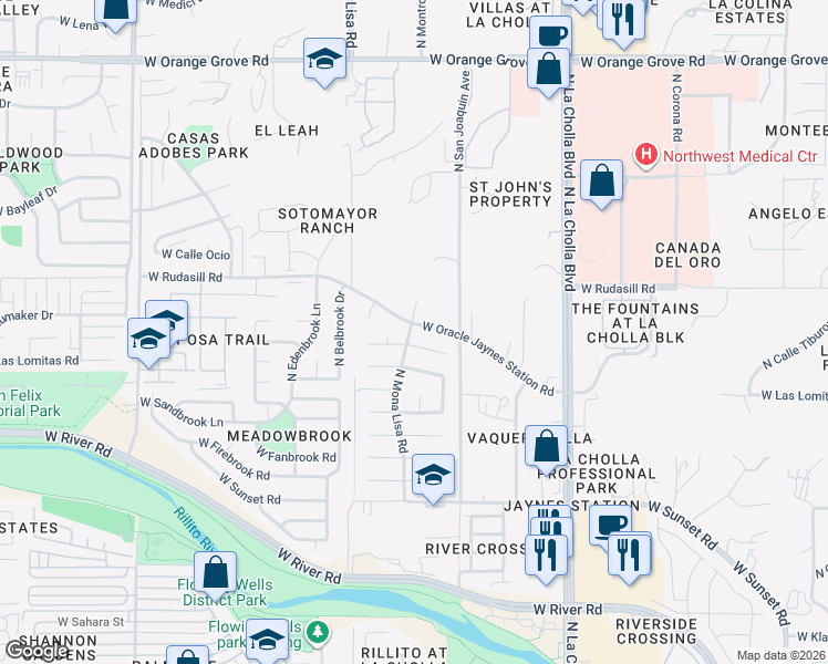 map of restaurants, bars, coffee shops, grocery stores, and more near 5910 North Mona Lisa Road in Tucson