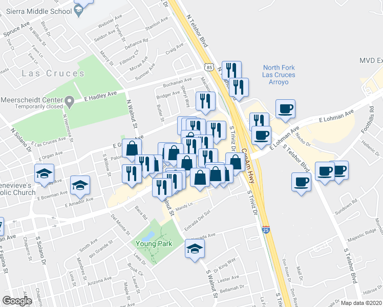 map of restaurants, bars, coffee shops, grocery stores, and more near 565 Walton Boulevard in Las Cruces