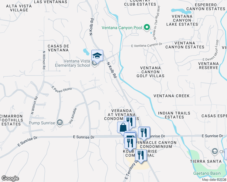 map of restaurants, bars, coffee shops, grocery stores, and more near 5855 North Kolb Road in Tucson