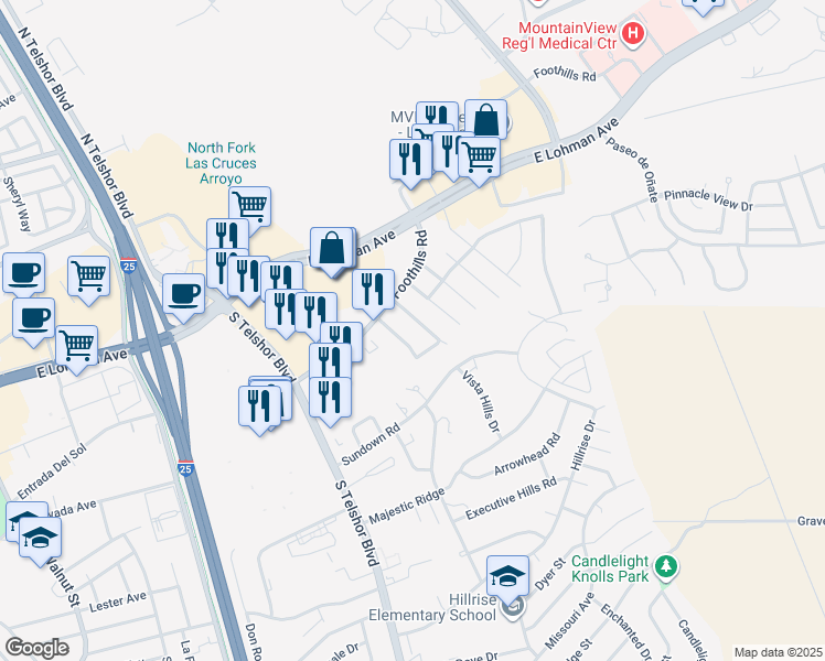 map of restaurants, bars, coffee shops, grocery stores, and more near 723 Hellenic Drive in Las Cruces