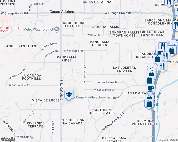 map of restaurants, bars, coffee shops, grocery stores, and more near 1120 West Las Lomitas Road in Tucson