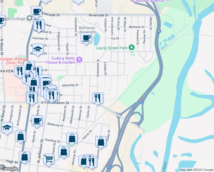 map of restaurants, bars, coffee shops, grocery stores, and more near 1216 Linden Place in Jackson