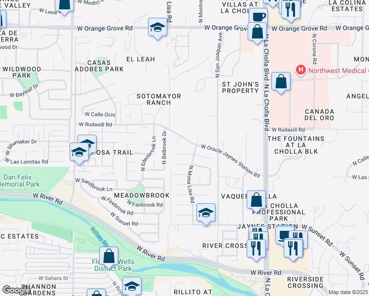 map of restaurants, bars, coffee shops, grocery stores, and more near 2432 West Las Lomitas in Tucson