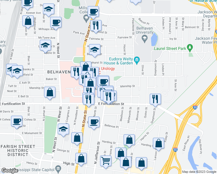 map of restaurants, bars, coffee shops, grocery stores, and more near 916 Manship Street in Jackson