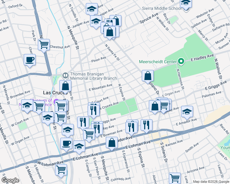 map of restaurants, bars, coffee shops, grocery stores, and more near 420 North Almendra Street in Las Cruces