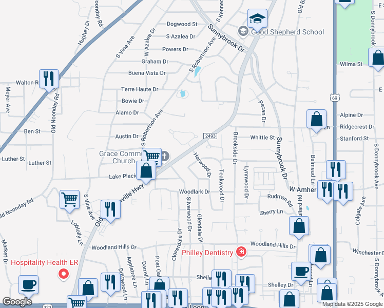 map of restaurants, bars, coffee shops, grocery stores, and more near 3200 Old Jacksonville Highway in Tyler