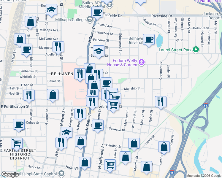 map of restaurants, bars, coffee shops, grocery stores, and more near 1204 North Jefferson Street in Jackson