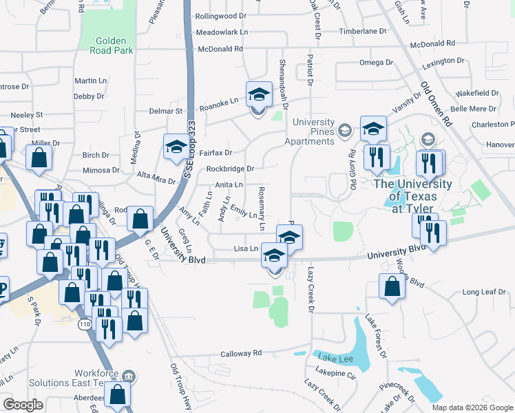 map of restaurants, bars, coffee shops, grocery stores, and more near 3131 Rosemary Lane in Tyler