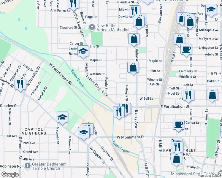 map of restaurants, bars, coffee shops, grocery stores, and more near 523 Scott Street in Jackson