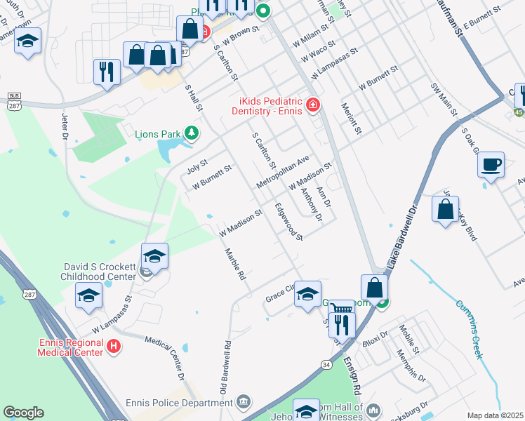map of restaurants, bars, coffee shops, grocery stores, and more near South Hall Street in Ennis