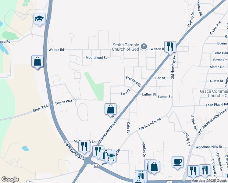 map of restaurants, bars, coffee shops, grocery stores, and more near 2821 Sara Street in Tyler