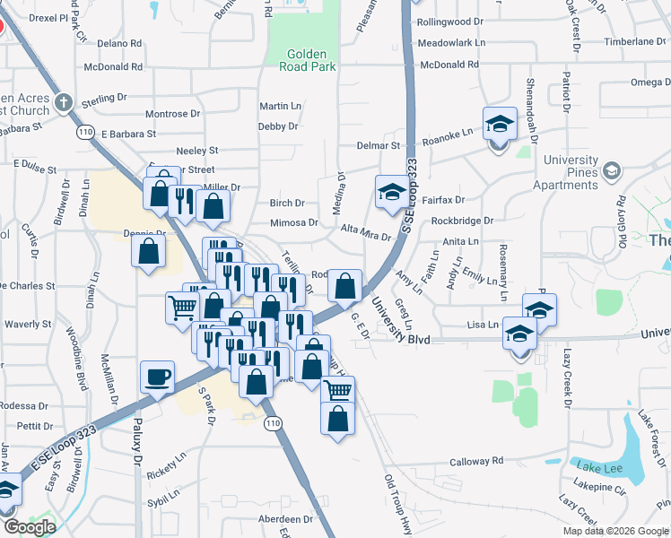 map of restaurants, bars, coffee shops, grocery stores, and more near 2422 Rodge Drive in Tyler