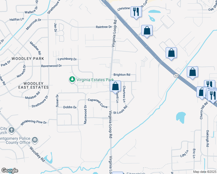 map of restaurants, bars, coffee shops, grocery stores, and more near 4614 Virginia Loop Road in Montgomery