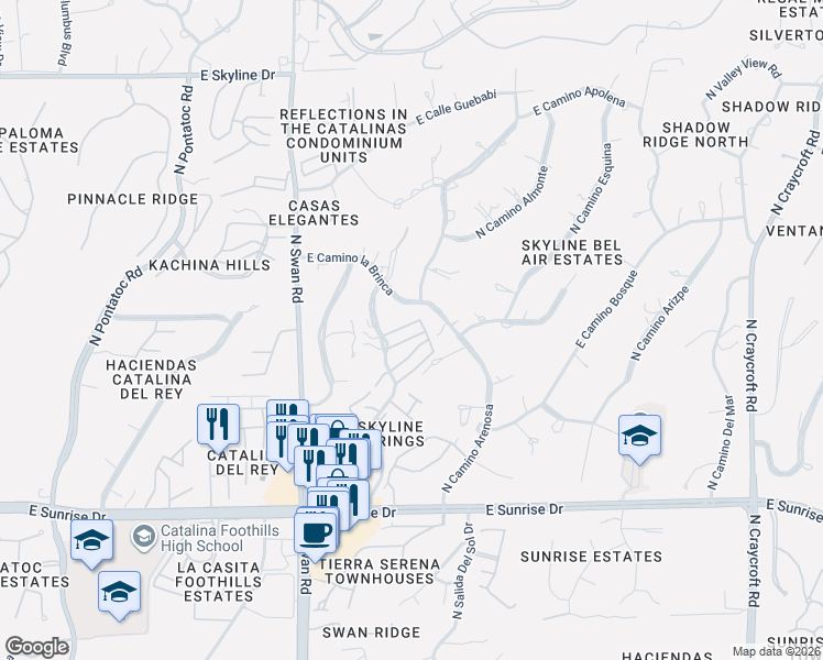 map of restaurants, bars, coffee shops, grocery stores, and more near 5920 North Camino Esplendora in Tucson