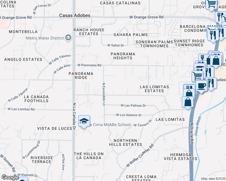 map of restaurants, bars, coffee shops, grocery stores, and more near 1120 West Las Lomitas Road in Tucson