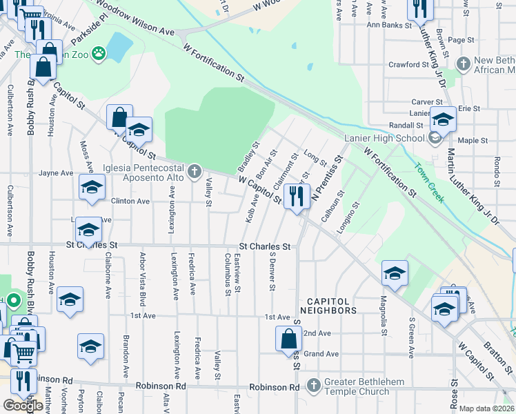 map of restaurants, bars, coffee shops, grocery stores, and more near 119 Wacaster Street in Jackson