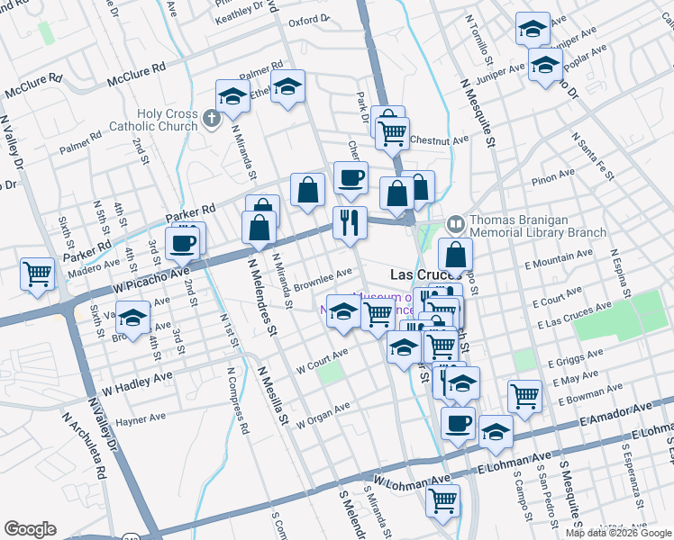 map of restaurants, bars, coffee shops, grocery stores, and more near 702 North Armijo Street in Las Cruces