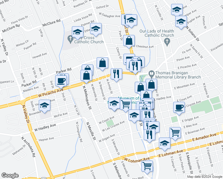map of restaurants, bars, coffee shops, grocery stores, and more near 705 North Alameda Boulevard in Las Cruces