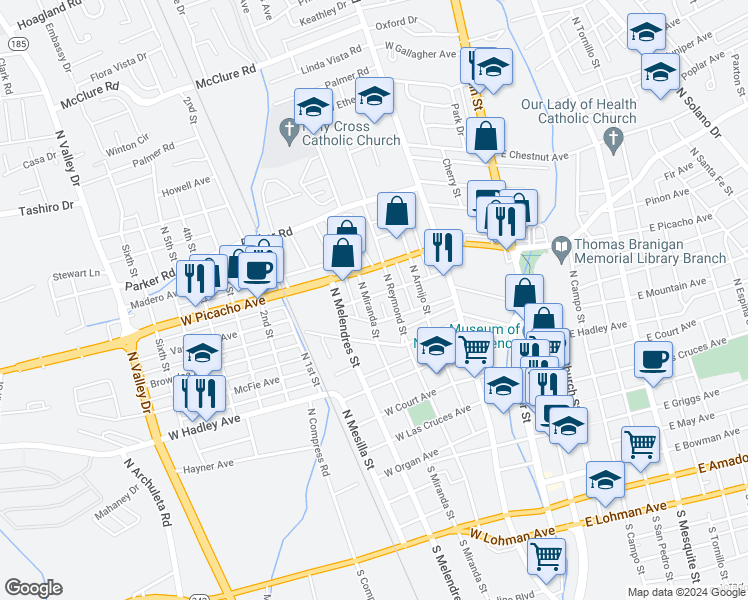 map of restaurants, bars, coffee shops, grocery stores, and more near 800 North Miranda Street in Las Cruces