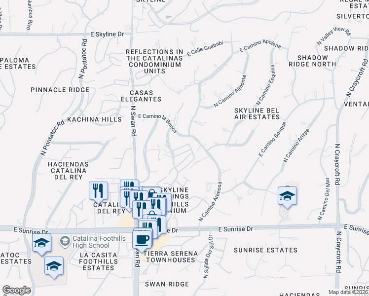 map of restaurants, bars, coffee shops, grocery stores, and more near 5920 North Camino Esplendora in Tucson