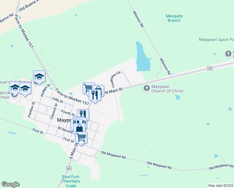 map of restaurants, bars, coffee shops, grocery stores, and more near 103 Chambers Creek Circle in Maypearl