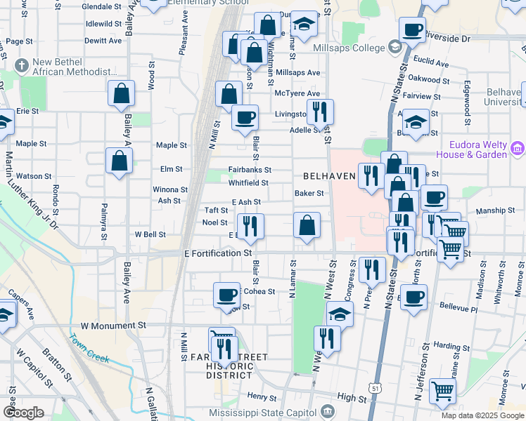 map of restaurants, bars, coffee shops, grocery stores, and more near 228 Manship Street in Jackson