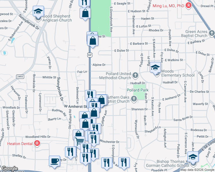 map of restaurants, bars, coffee shops, grocery stores, and more near 3126 Colgate Avenue in Tyler