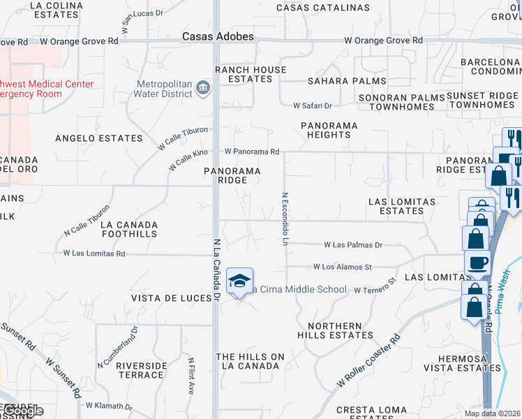 map of restaurants, bars, coffee shops, grocery stores, and more near 1244 West Las Lomitas Road in Tucson