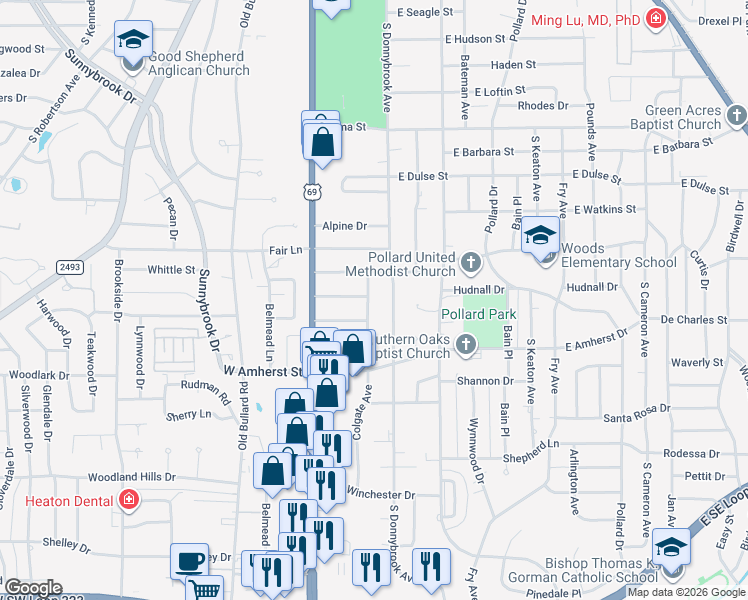 map of restaurants, bars, coffee shops, grocery stores, and more near 3126 Colgate Avenue in Tyler