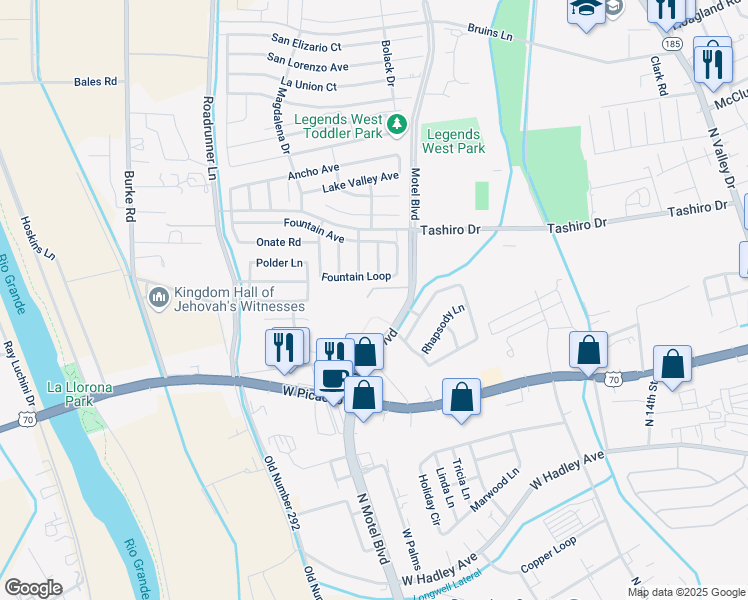 map of restaurants, bars, coffee shops, grocery stores, and more near 1040 North Motel Boulevard in Las Cruces