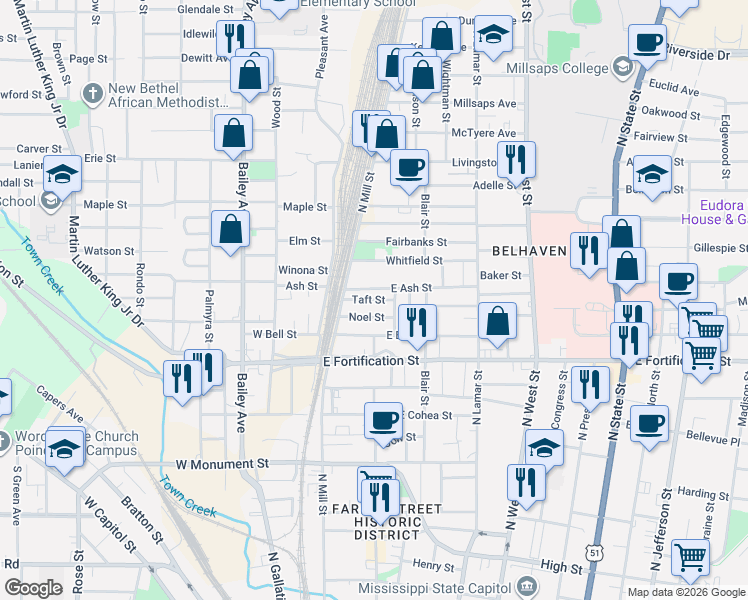 map of restaurants, bars, coffee shops, grocery stores, and more near 224 Taft St in Jackson
