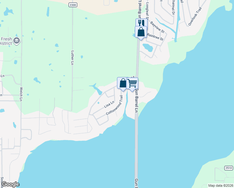 map of restaurants, bars, coffee shops, grocery stores, and more near 109 Lisa Lane in Gun Barrel City