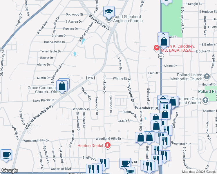 map of restaurants, bars, coffee shops, grocery stores, and more near 630 Zelwood Drive in Tyler
