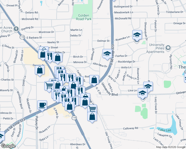 map of restaurants, bars, coffee shops, grocery stores, and more near 2422 Rodge Drive in Tyler