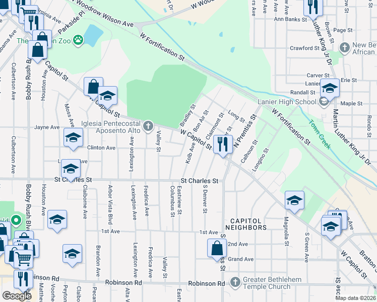 map of restaurants, bars, coffee shops, grocery stores, and more near 107 Kolb Avenue in Jackson