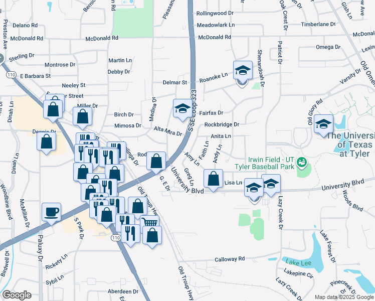 map of restaurants, bars, coffee shops, grocery stores, and more near 3137 Greg Lane in Tyler