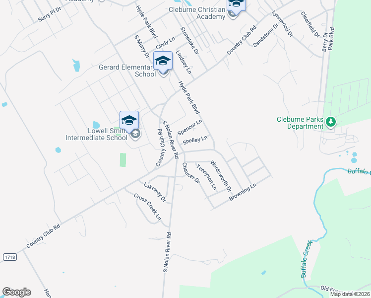 map of restaurants, bars, coffee shops, grocery stores, and more near 1413 Chaucer Drive in Cleburne