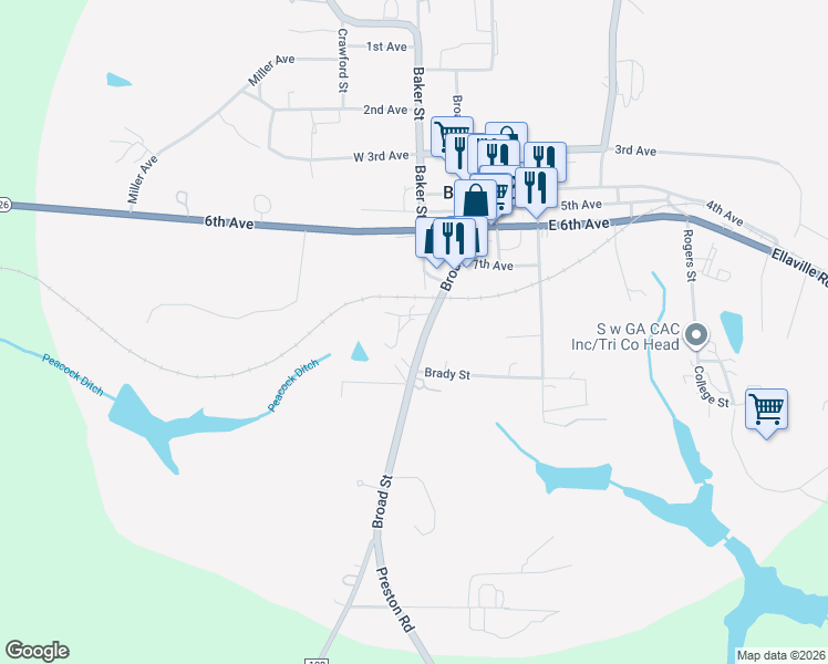 map of restaurants, bars, coffee shops, grocery stores, and more near 139 Broad Street in Buena Vista